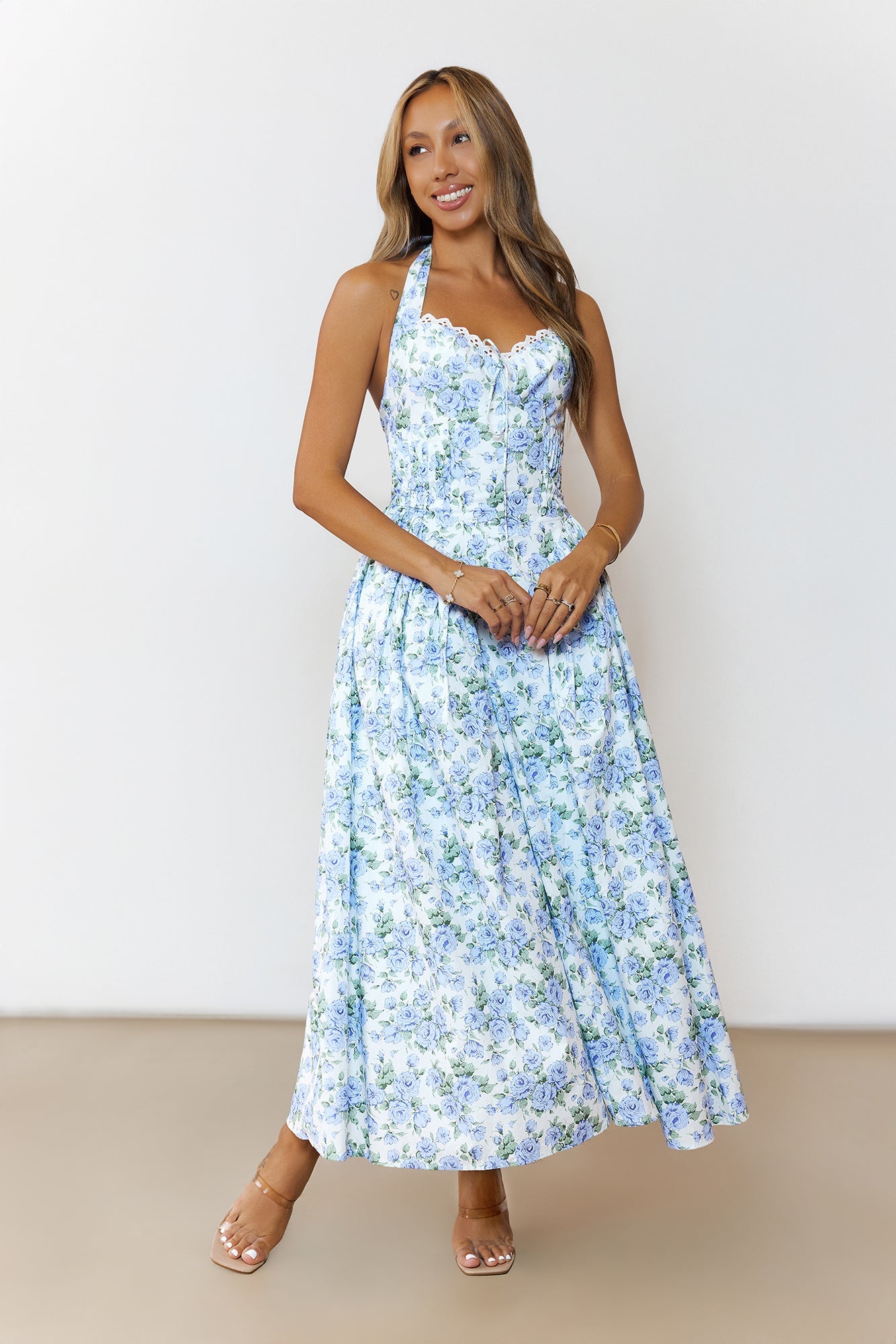 Cottage Song Halter Midi Dress Blue