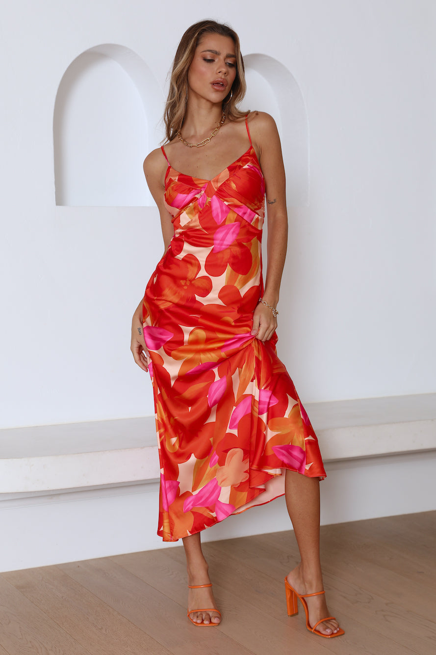 Having Fun Satin Midi Dress Red