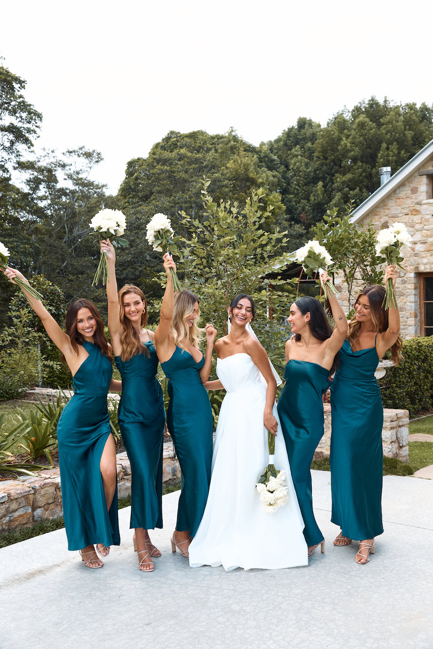 HELLO MOLLY The Opal One Shoulder Satin Maxi Dress Teal