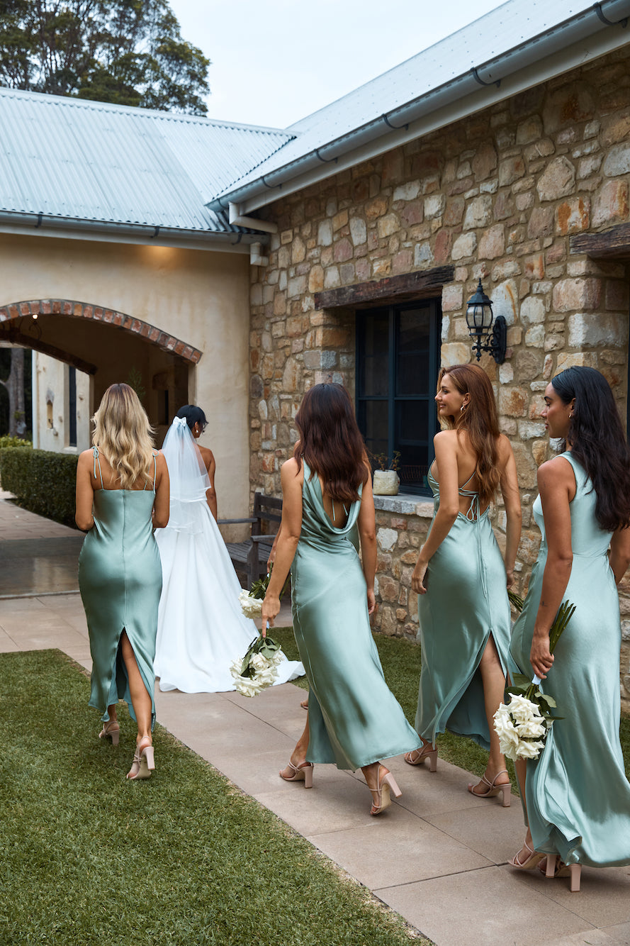 HELLO MOLLY The Aurora One Shoulder Satin Maxi Dress Sage
