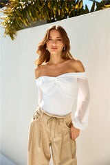 Fashionably Late Off Shoulder Mesh Bodysuit White