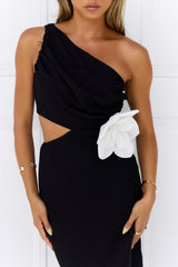 Midnight Lotus One Shoulder Maxi Dress Black