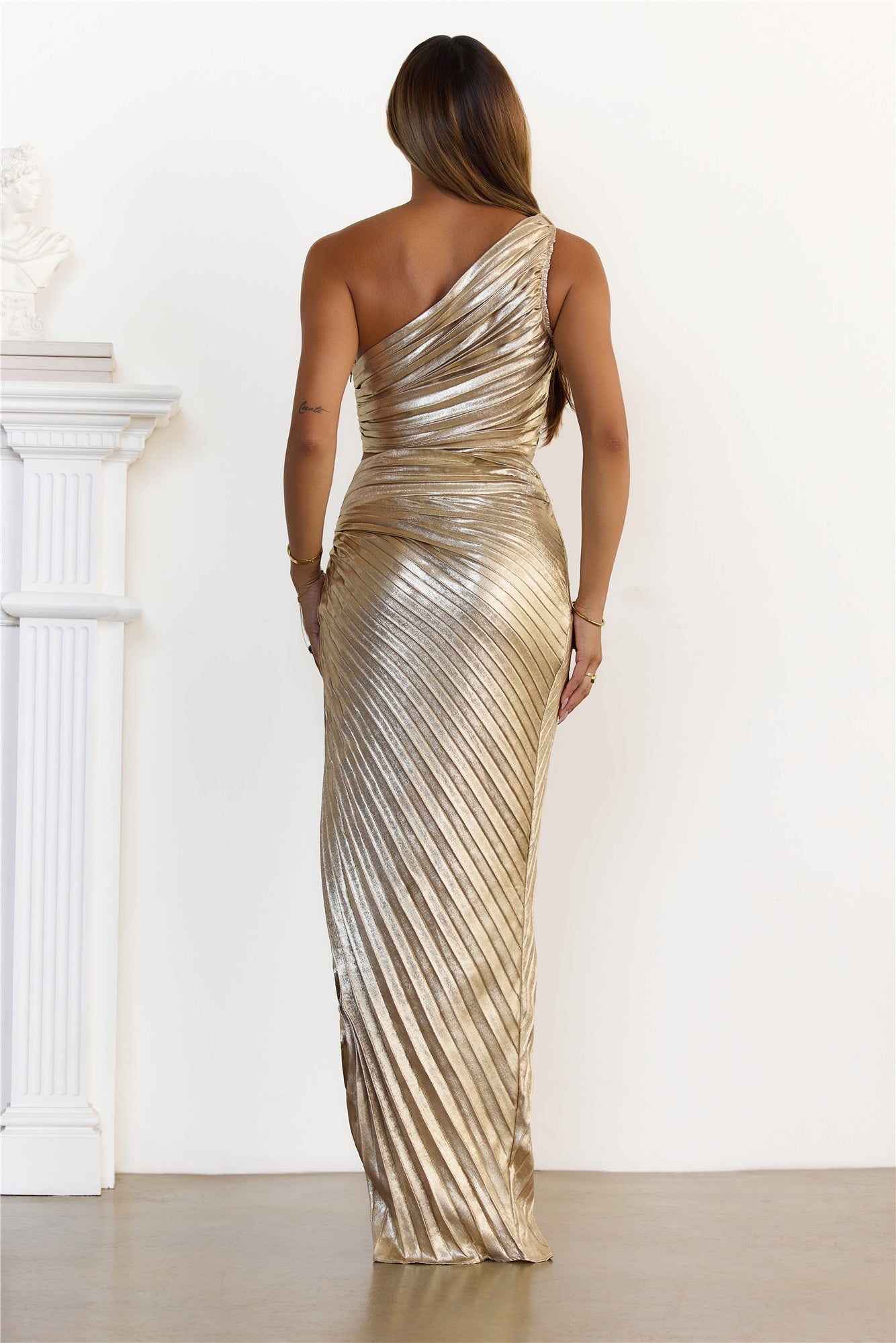 Metallic Pleated One Shoulder Crop Top Maxi Skirt Set Gold