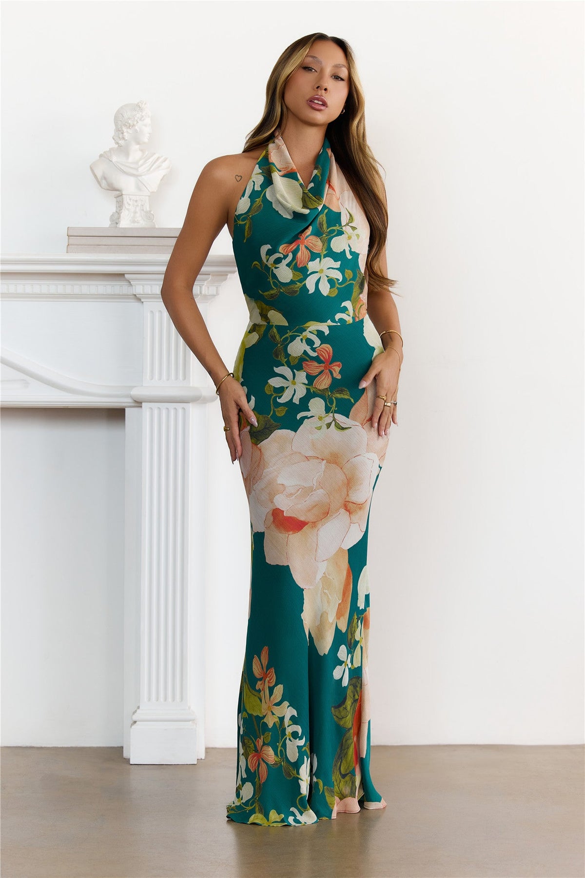 Dreamy Floral Cowl Neck Halter Maxi Dress Green