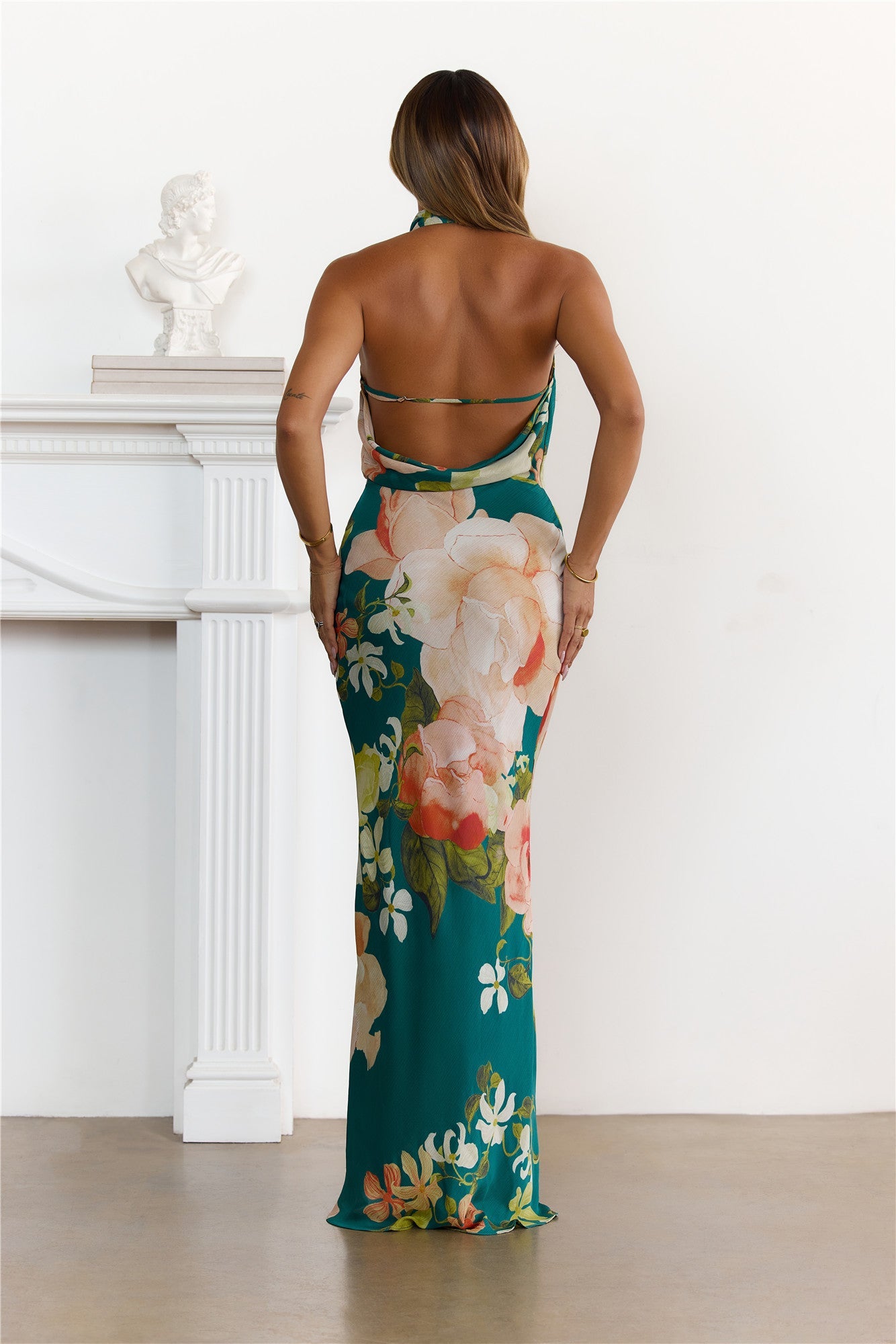 Dreamy Floral Cowl Neck Halter Maxi Dress Green