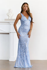 Enchanted Sequin V-Neck Back Tie Maxi Dress Blue