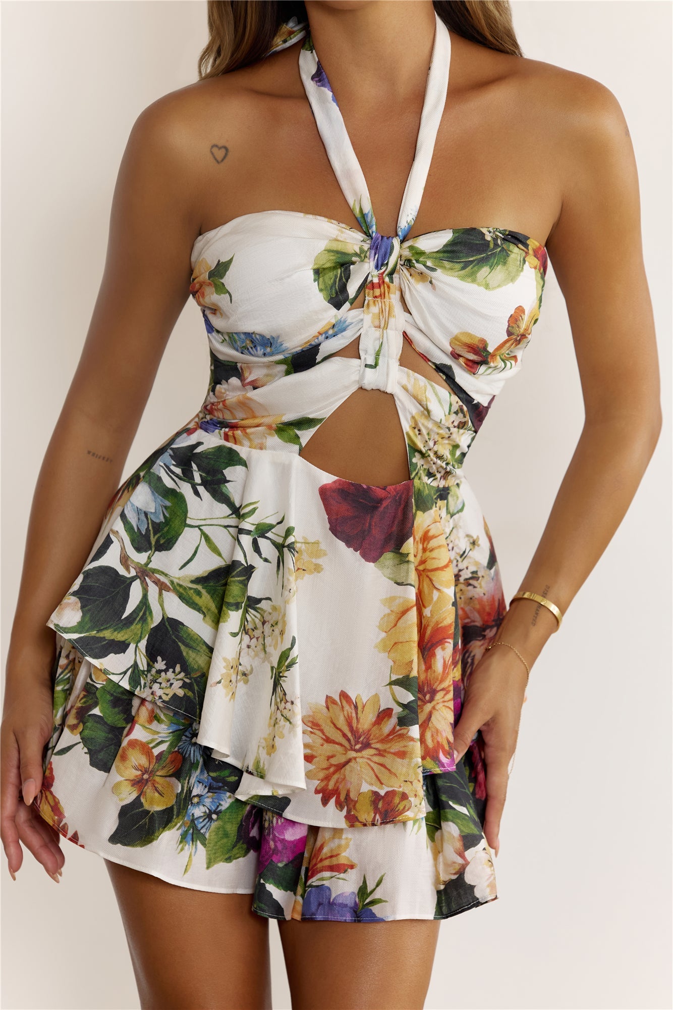 Floral Delight Halter Cut Out Romper White