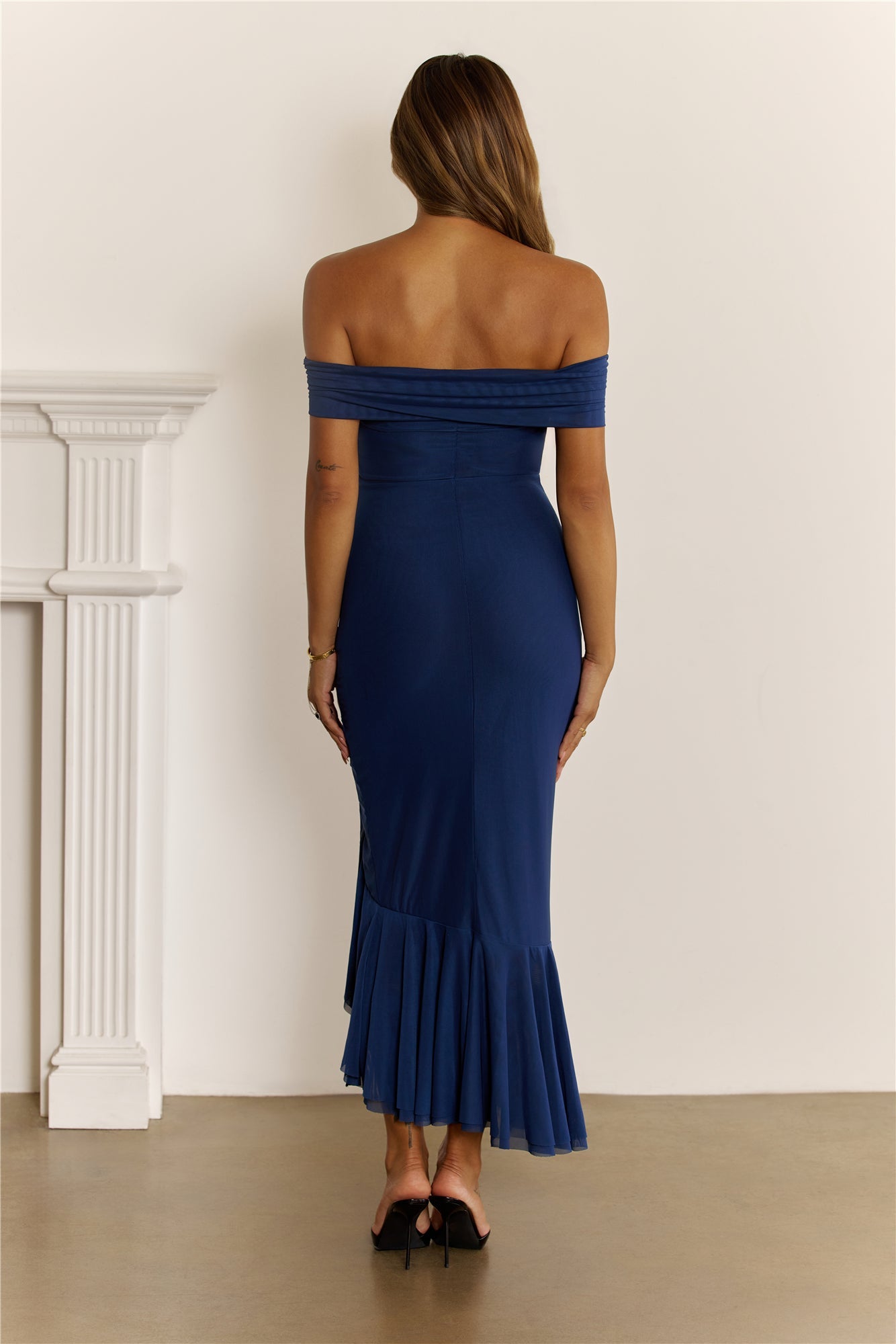 Daily Glow Off Shoulder Mesh Midi Dress Navy