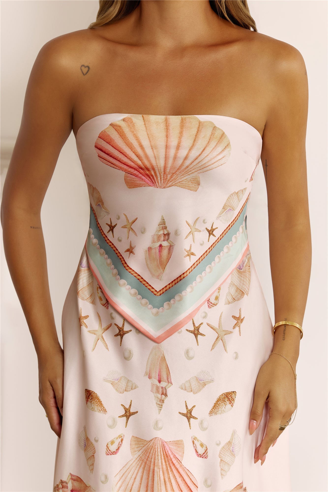 Coastal Chic Strapless Scarf Print Midi Dress Pink
