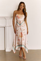 Coastal Chic Strapless Scarf Print Midi Dress Pink