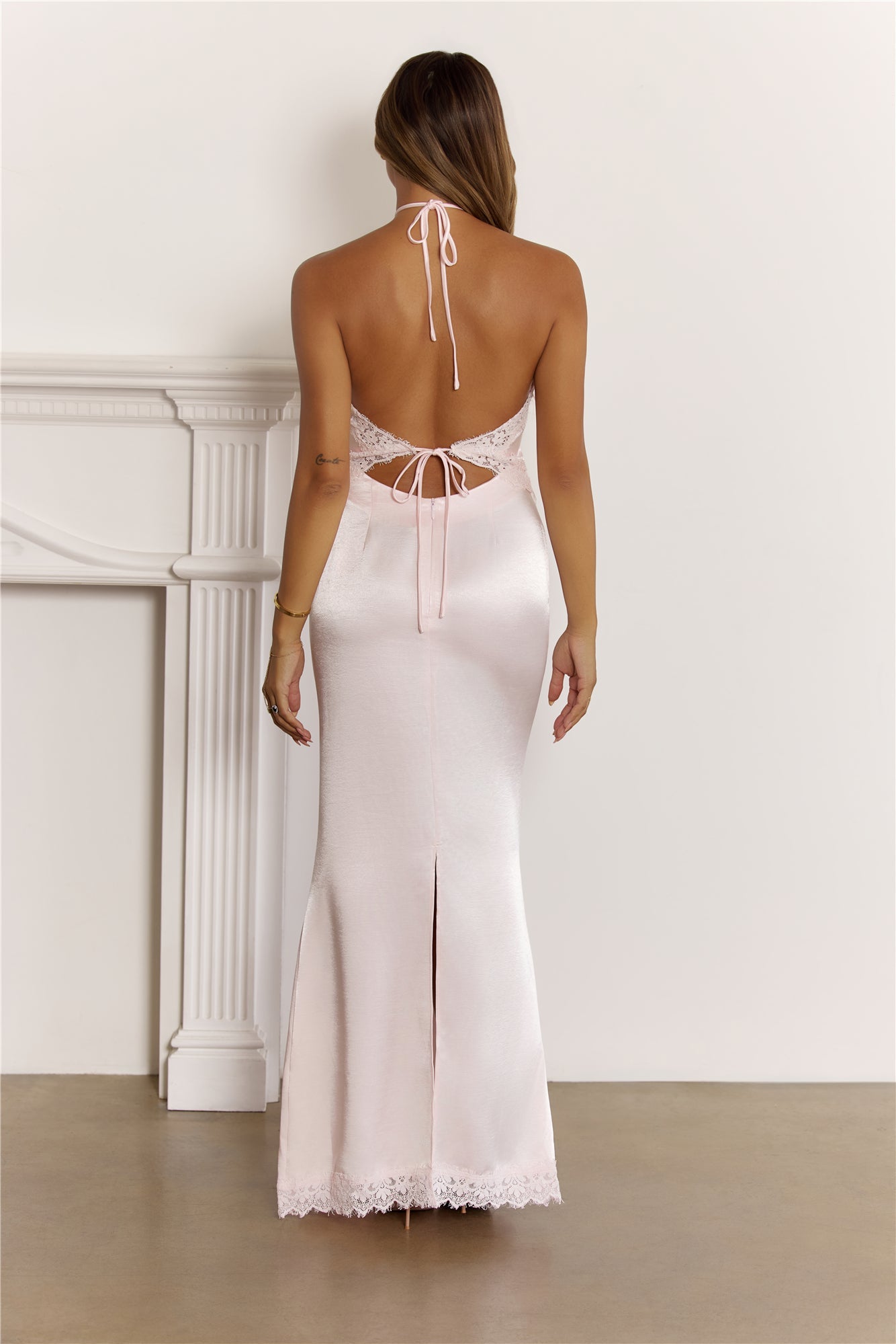 Delicate Lace Detail Halter Maxi Dress Pink