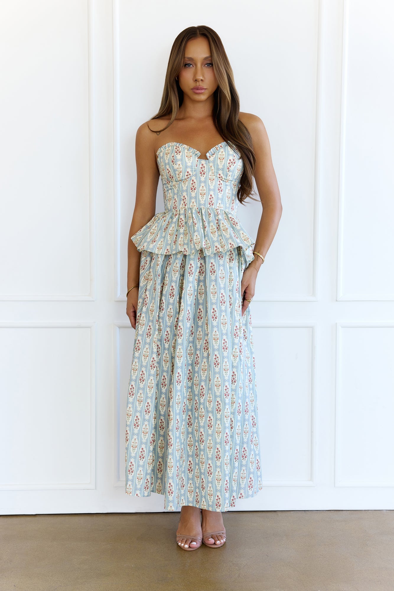 Lush Life Peplum Strapless Maxi Dress Blue