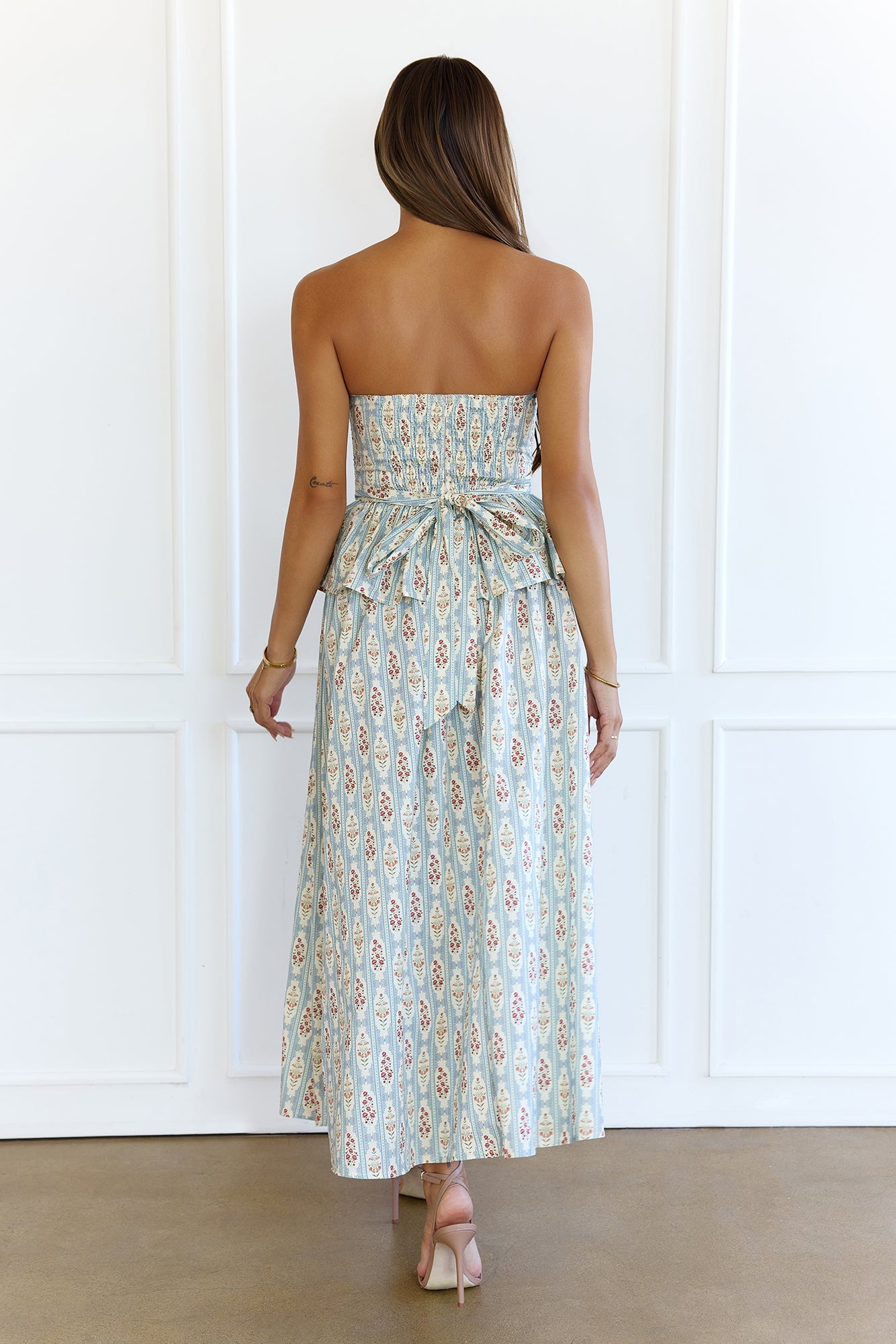 Lush Life Peplum Strapless Maxi Dress Blue