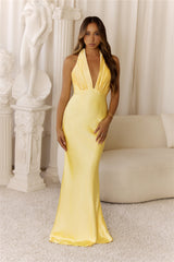 Light Bloom Satin Halter Maxi Dress Yellow