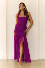 Evelyn Luxe Mesh Halter Maxi Dress Magenta