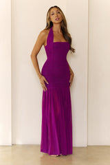 Evelyn Luxe Mesh Halter Maxi Dress Magenta