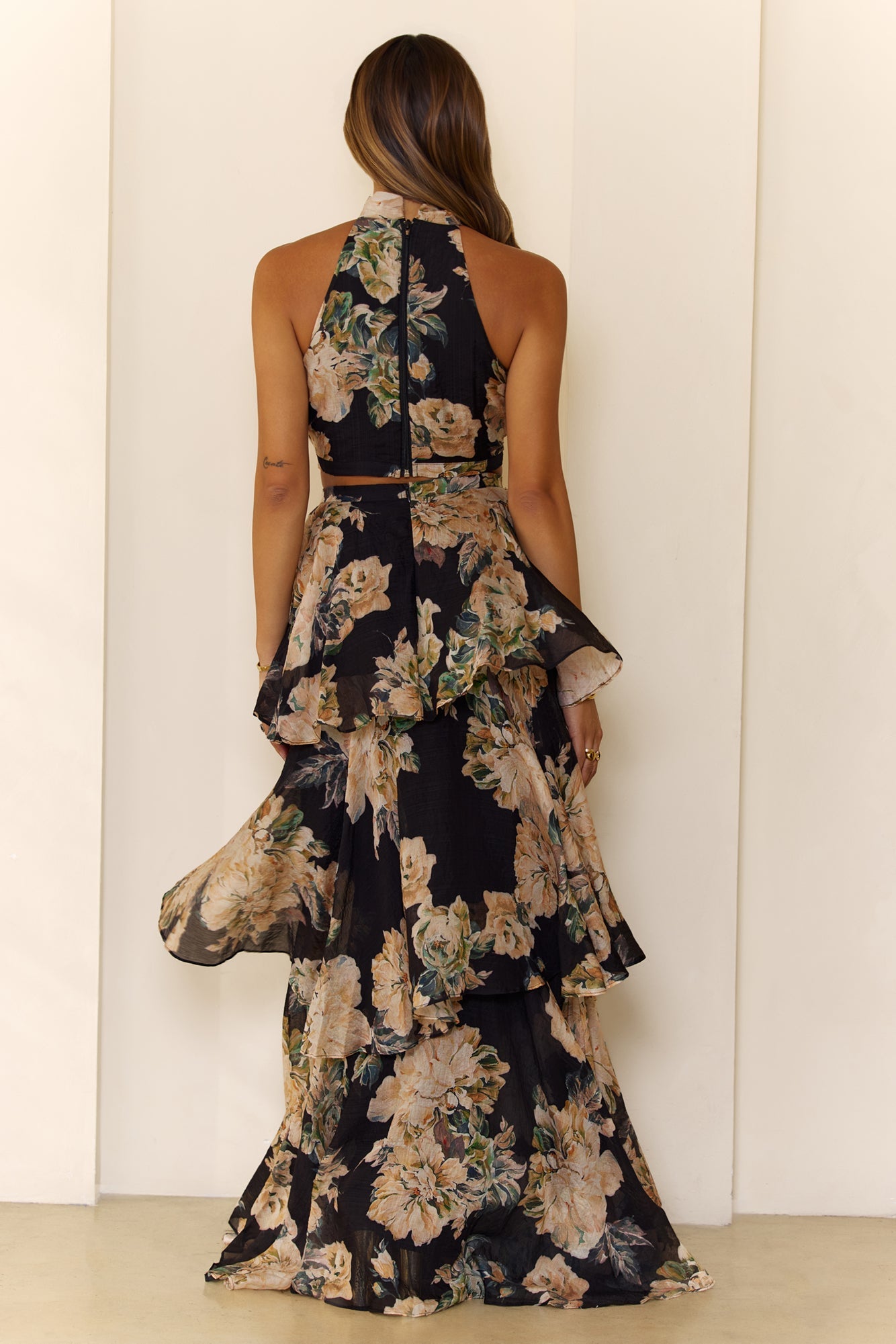 Bloom Soiree Halter Crop Tiered Maxi Set Black