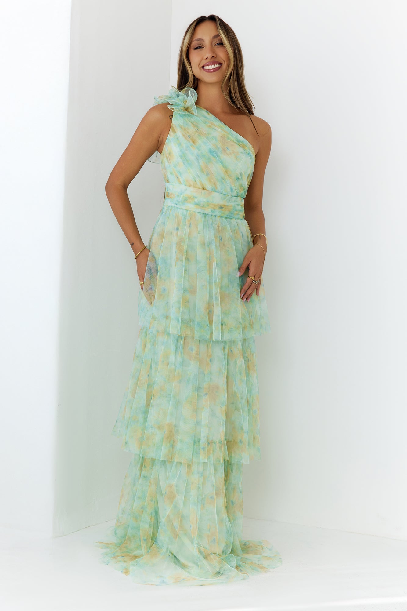 Bloom And Flow One Shoulder Tiered Maxi Dress Green