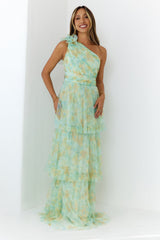 Bloom And Flow One Shoulder Tiered Maxi Dress Green