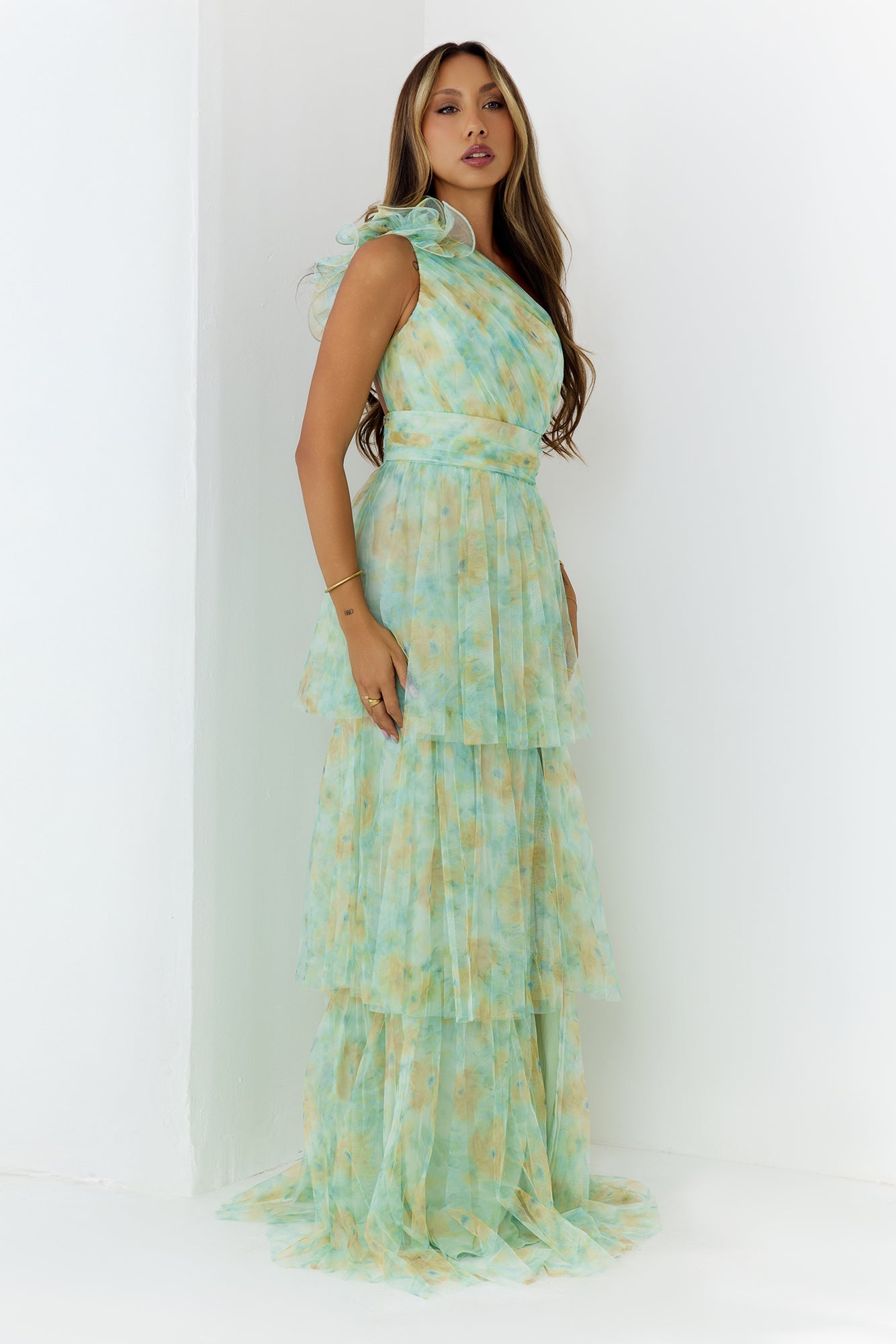 Bloom And Flow One Shoulder Tiered Maxi Dress Green