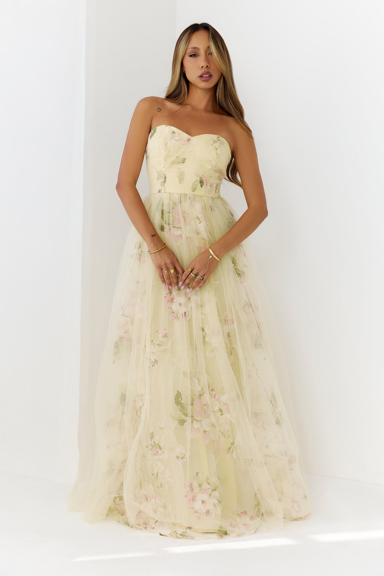 Dream Chaser Floral Tulle Maxi Dress Yellow
