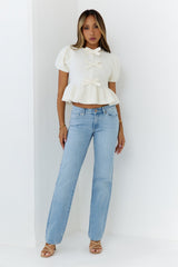 Chic Bow Detail Puff Sleeve Peplum Top Cream