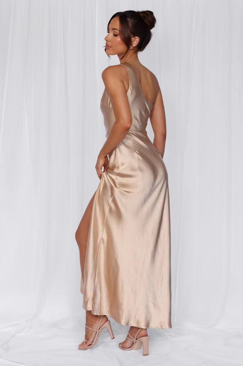 HELLO MOLLY The Aurora One Shoulder Satin Maxi Dress Champagne