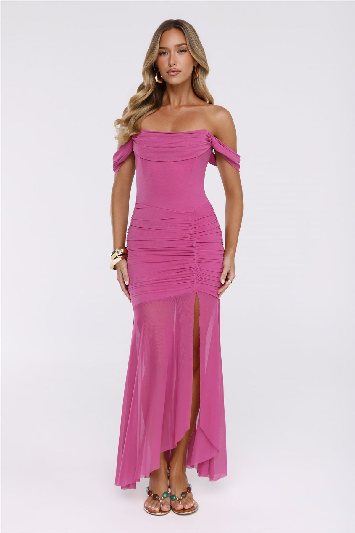 City Glow Up Off Shoulder Maxi Dress Plum