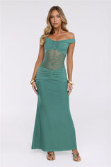 Grace Notes Off Shoulder Mesh Maxi Dress Teal