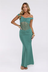 Grace Notes Off Shoulder Mesh Maxi Dress Teal