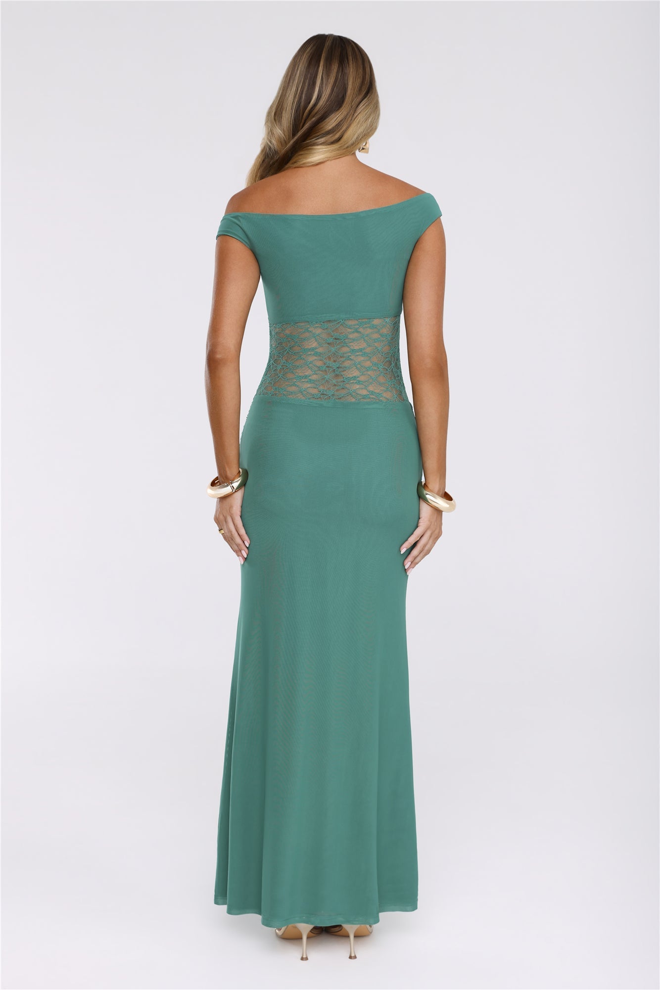 Grace Notes Off Shoulder Mesh Maxi Dress Teal