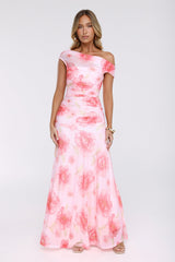 Florals Like You Off Shoulder Mesh Maxi Dress Pink