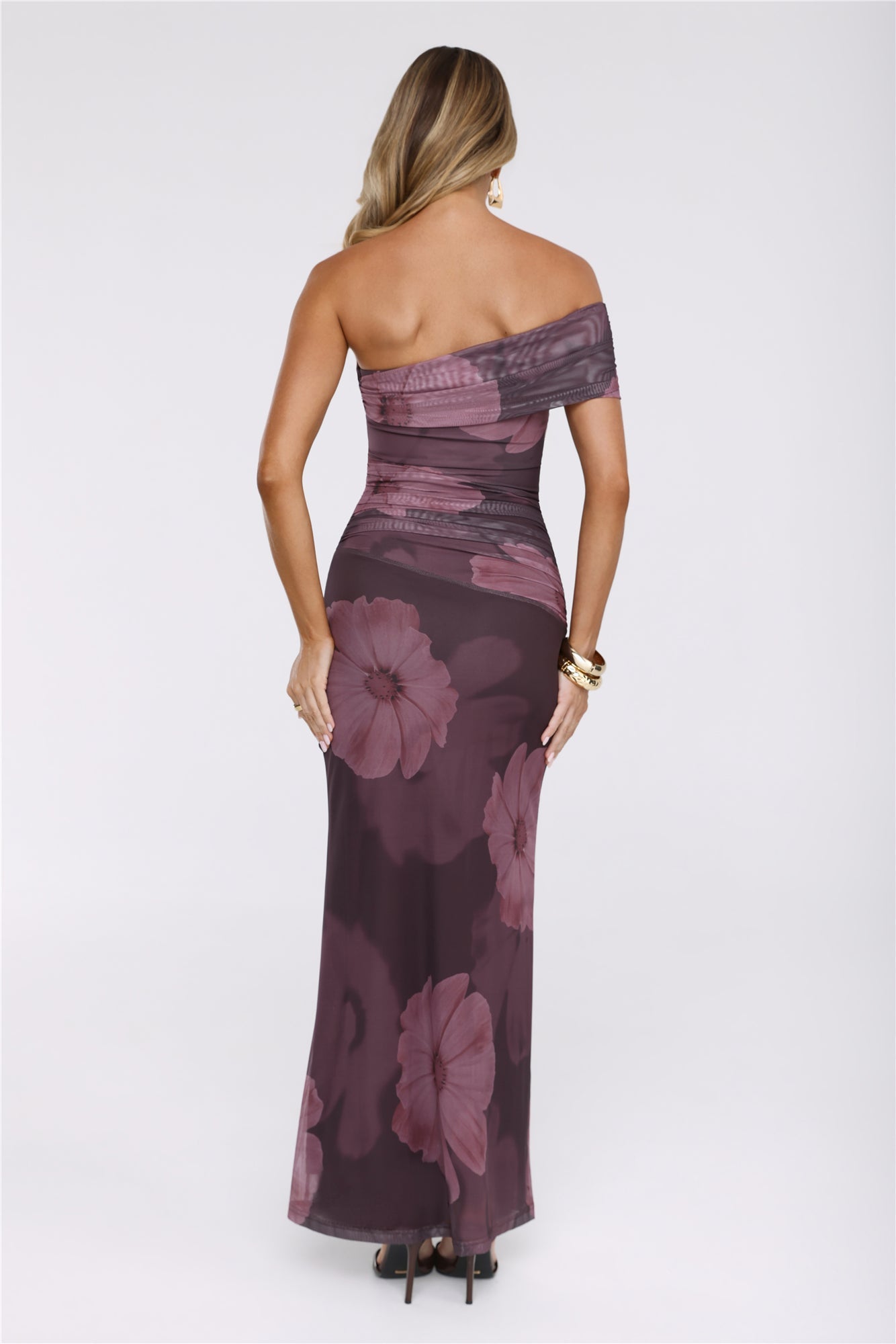 Mischief Glow Off Shoulder Mesh Maxi Dress Brown
