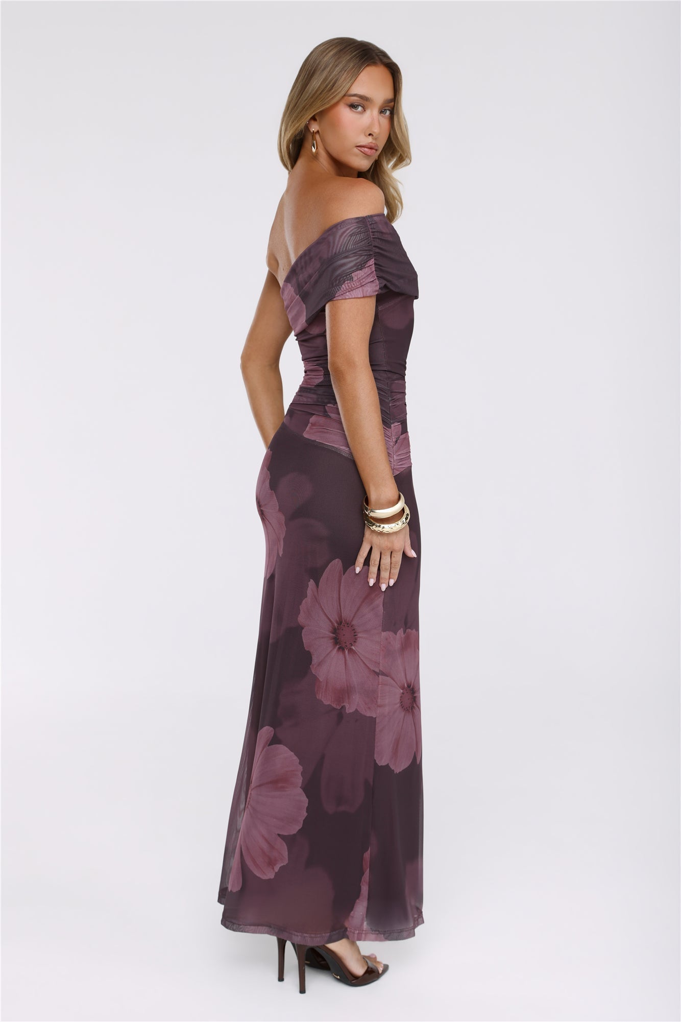 Mischief Glow Off Shoulder Mesh Maxi Dress Brown