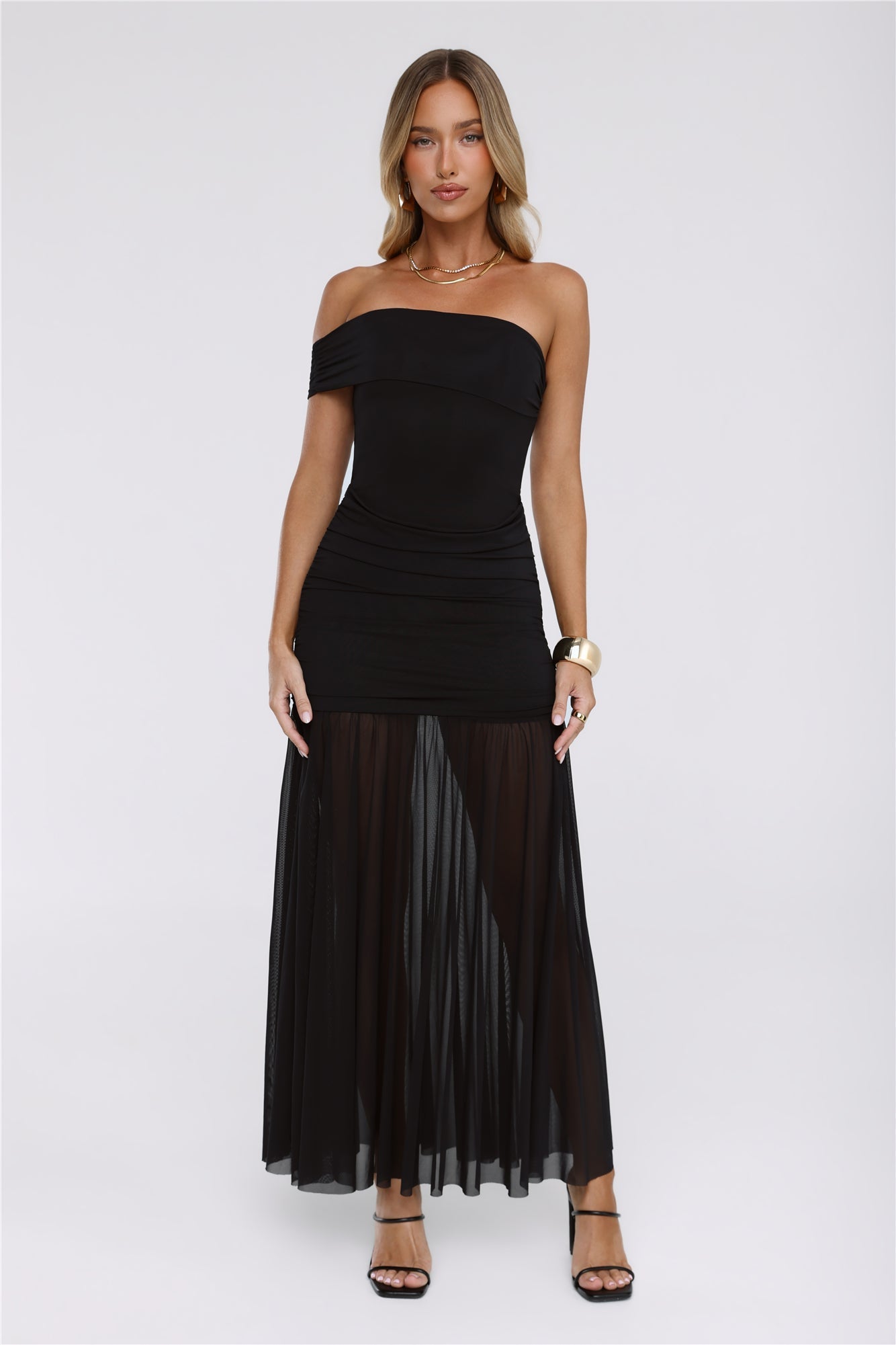 Moonlit Whisper One Shoulder Mesh Maxi Dress Black