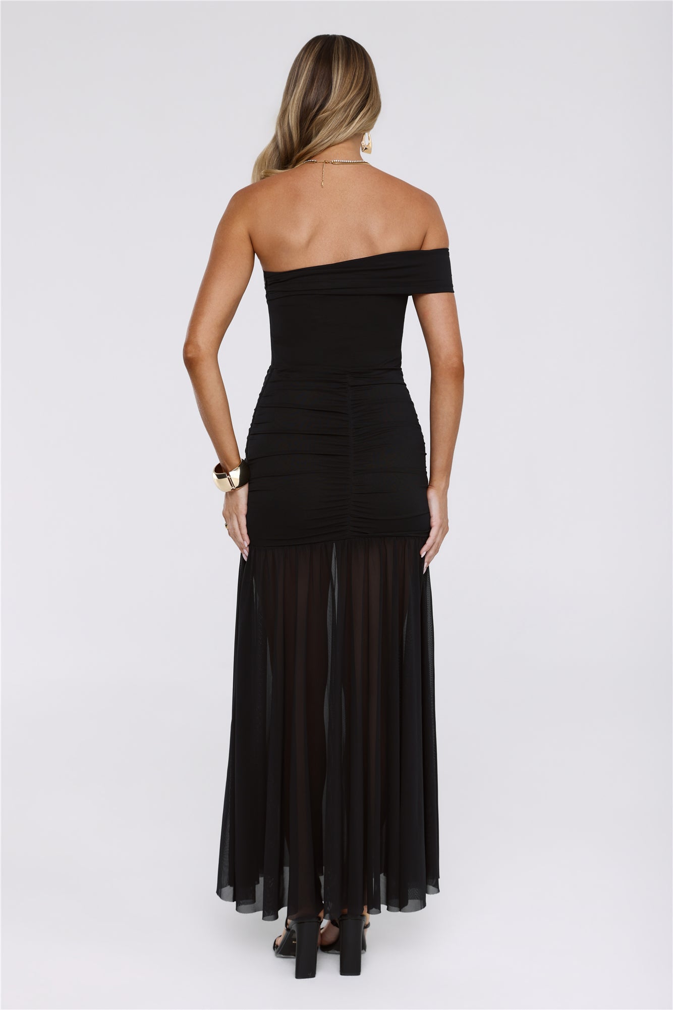 Moonlit Whisper One Shoulder Mesh Maxi Dress Black
