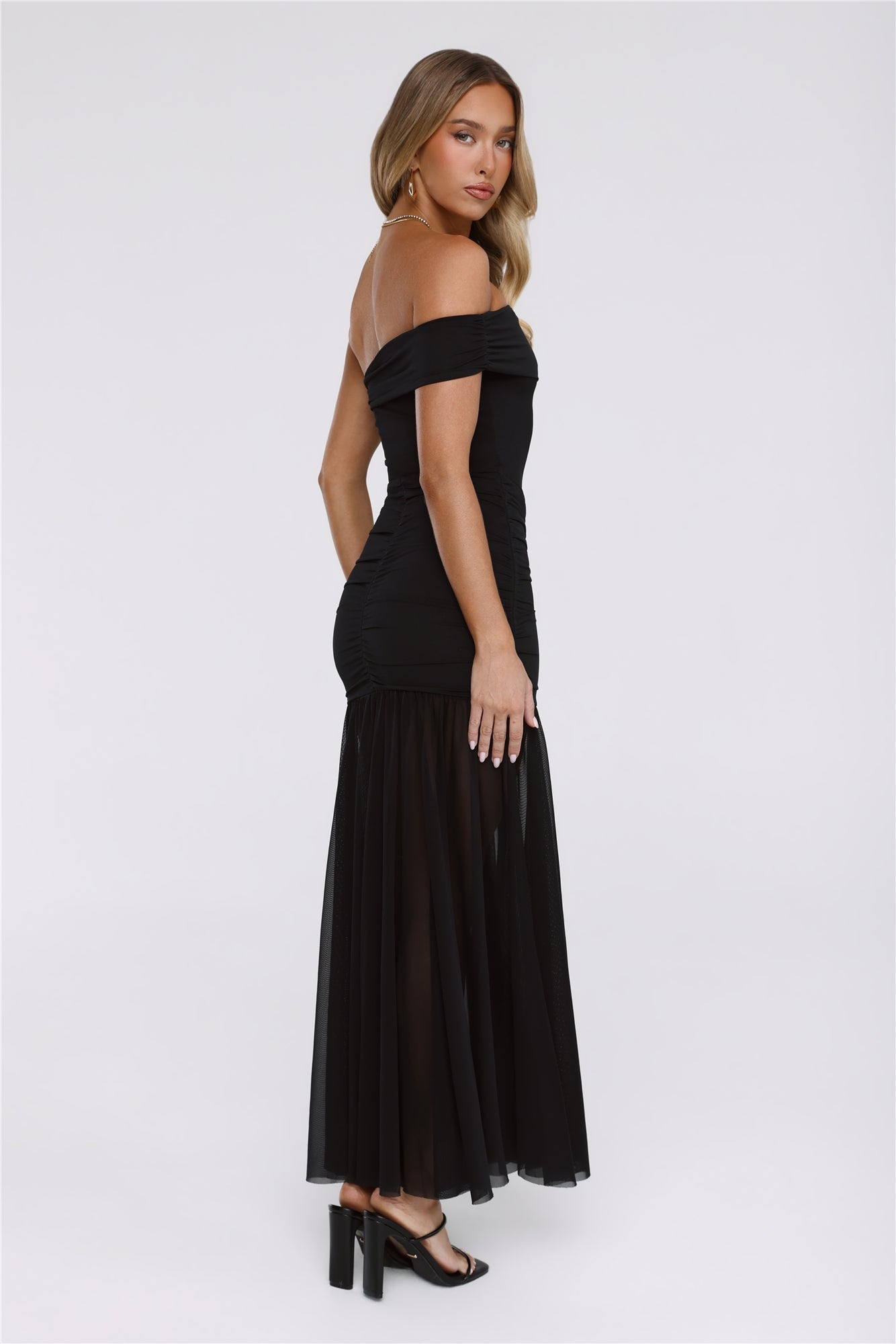 Moonlit Whisper One Shoulder Mesh Maxi Dress Black