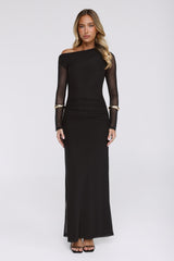 Effortlessly Influential Off Shoulder Mesh Long Sleeve Maxi Dress Black