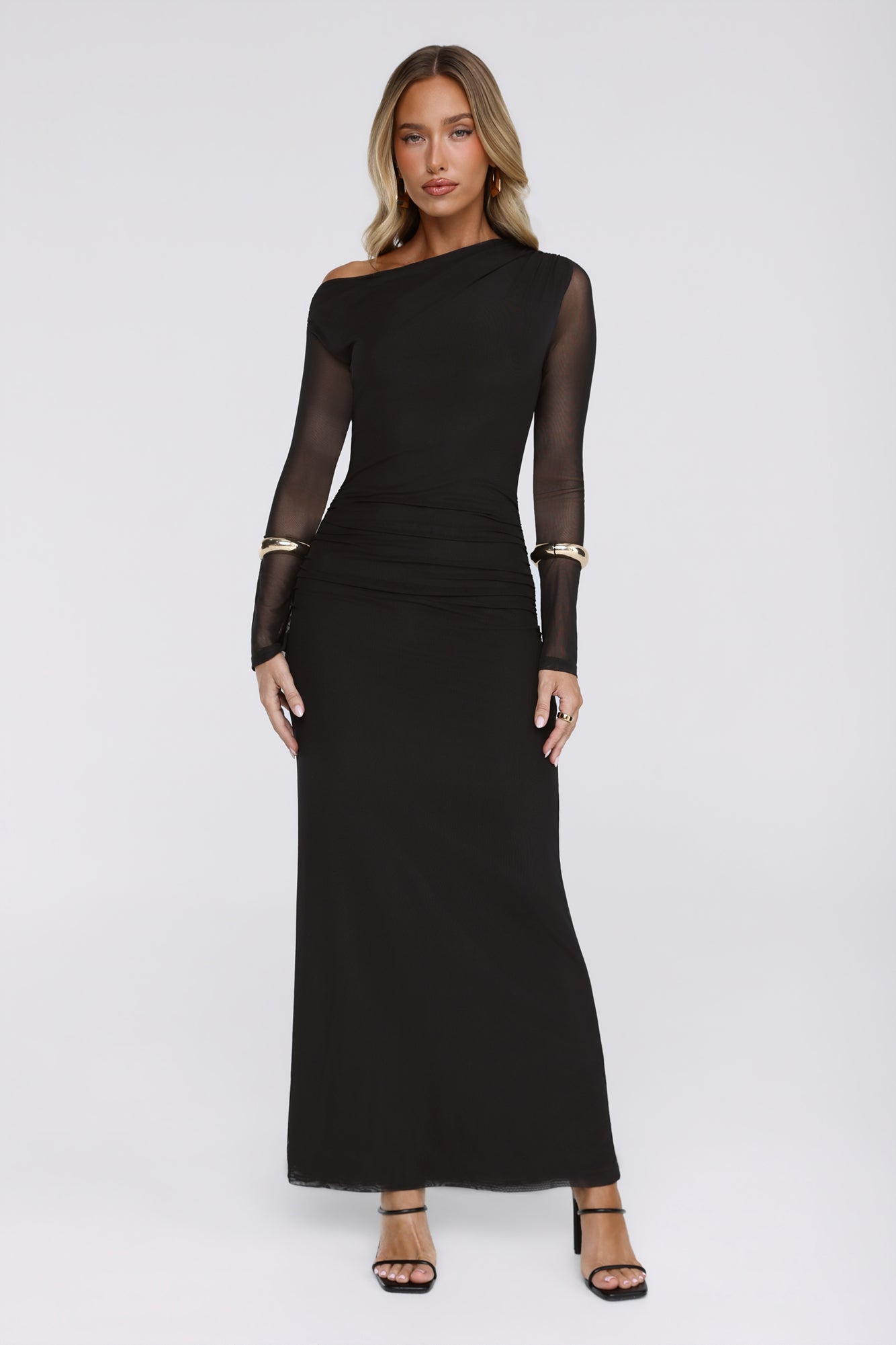 Effortlessly Influential Off Shoulder Mesh Long Sleeve Maxi Dress Black