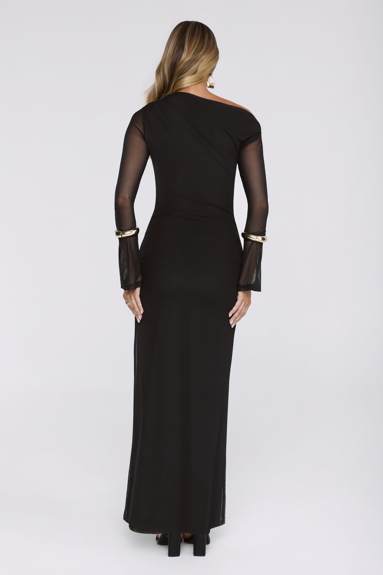 Effortlessly Influential Off Shoulder Mesh Long Sleeve Maxi Dress Black