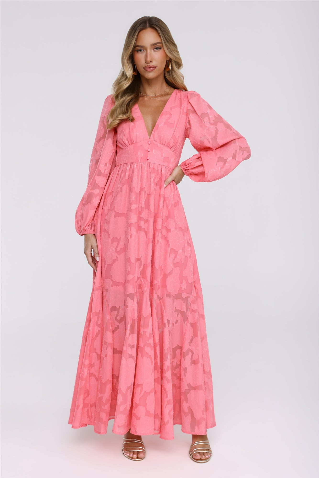 Glow Blossom Long Sleeve Maxi Dress Coral