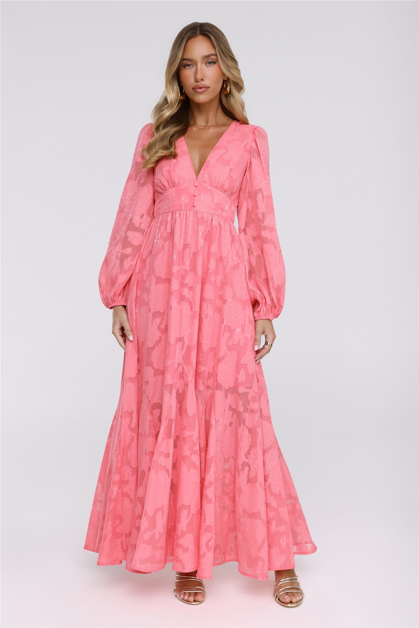 Glow Blossom Long Sleeve Maxi Dress Coral