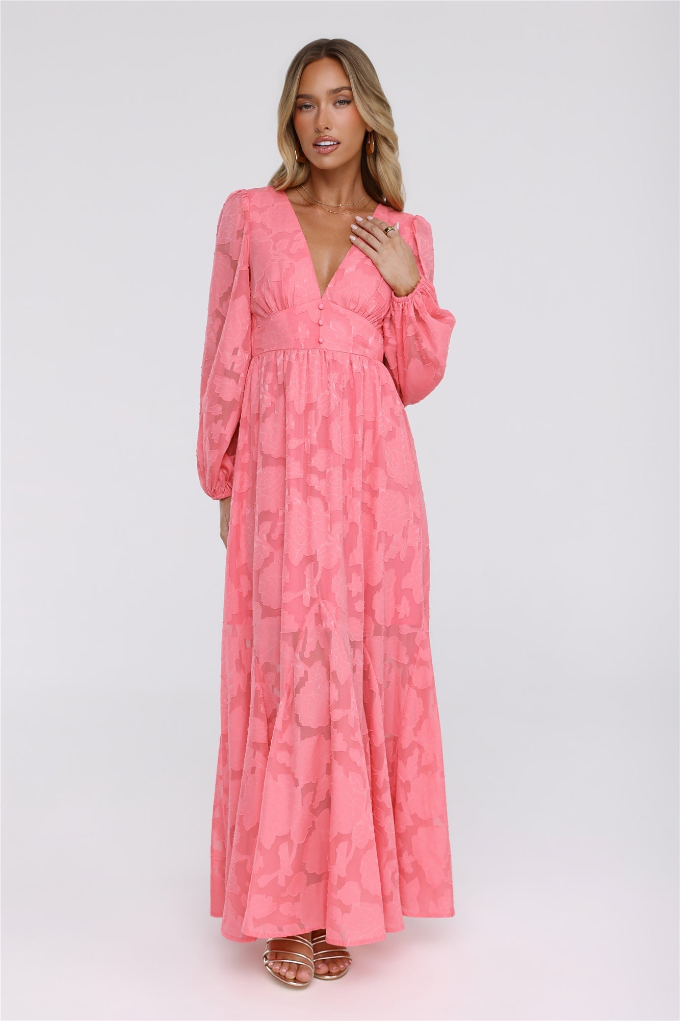 Glow Blossom Long Sleeve Maxi Dress Coral