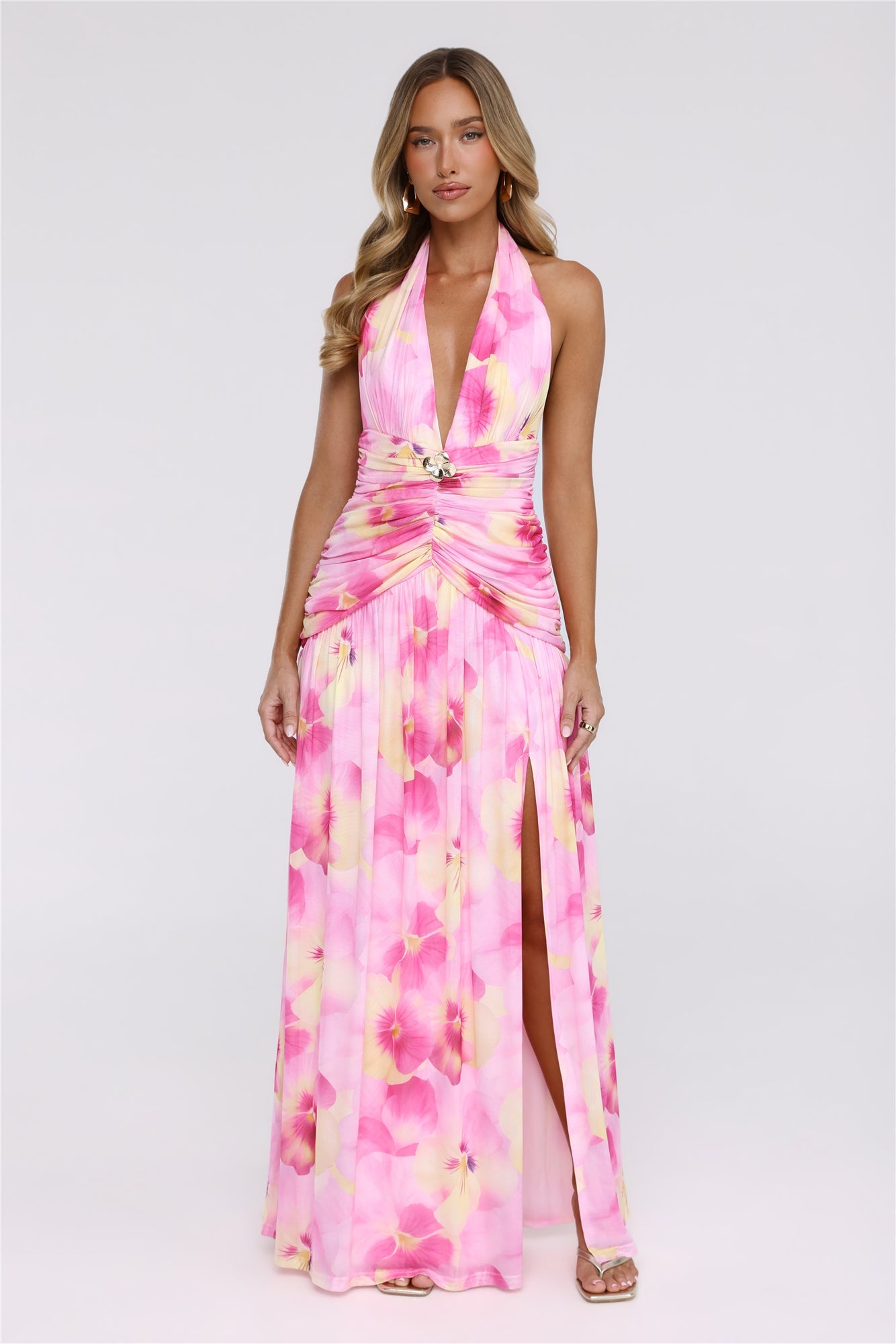 Darlingly Done Halter Mesh Maxi Dress Pink