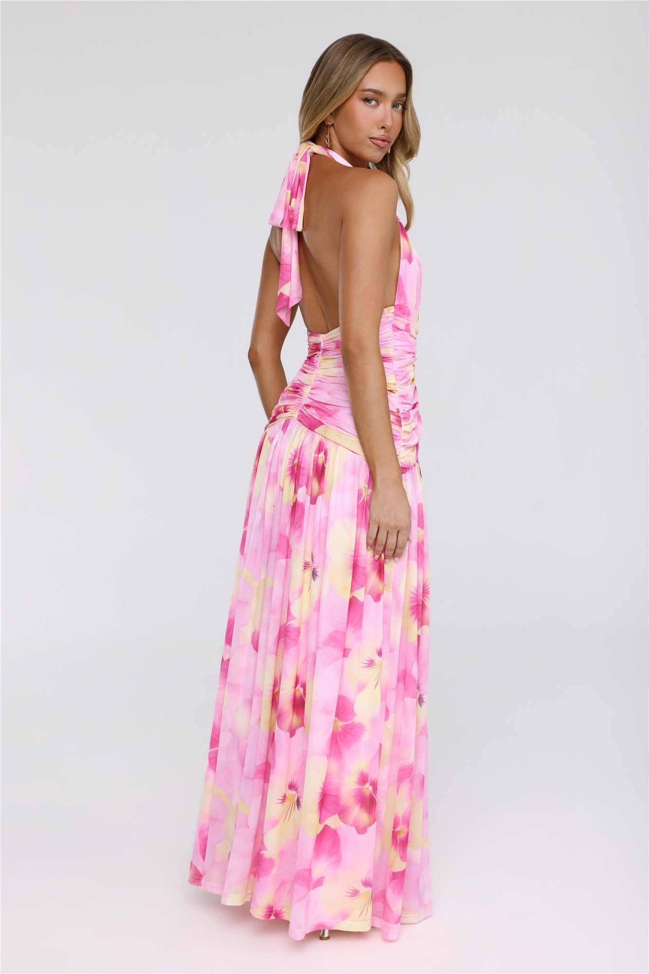Darlingly Done Halter Mesh Maxi Dress Pink