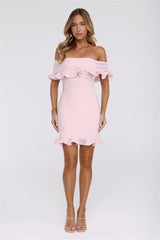 Glimmering Noir Off Shoulder Lace Mini Dress Pink