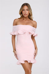 Glimmering Noir Off Shoulder Lace Mini Dress Pink