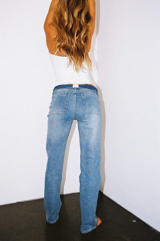 DNM High Rise Straight Leg Denim Jeans Mid Blue