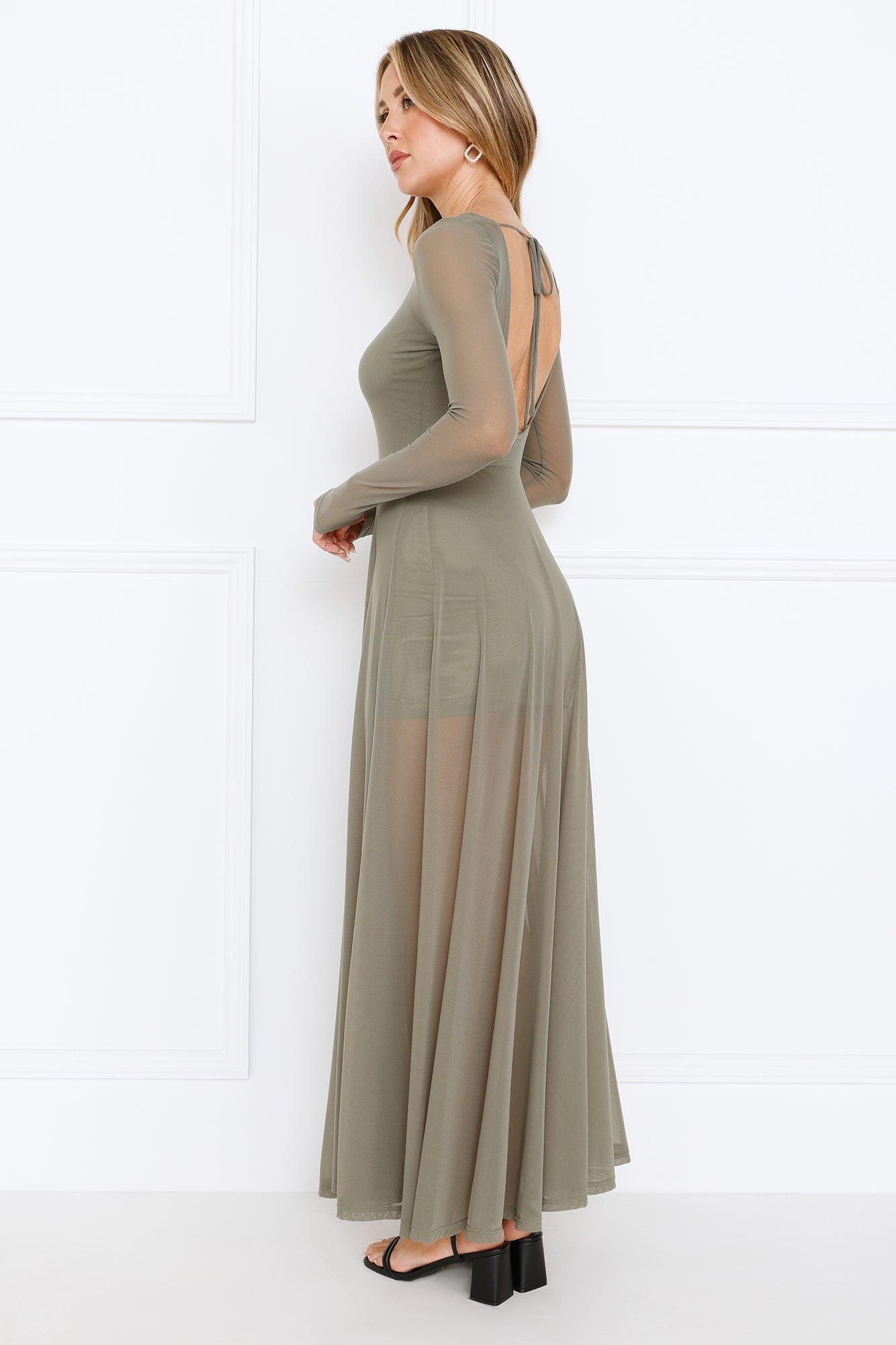 Champagne Streams Mesh Maxi Dress Olive