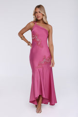 Jelly Glow One Shoulder Satin Maxi Dress Rose